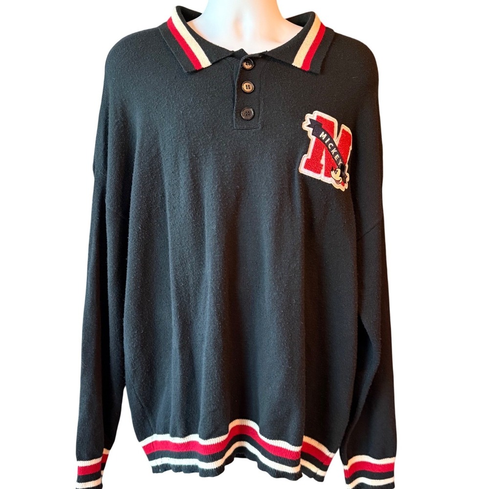 Disney Mickey Mouse Varsity Letterman Sweater Polo Unisex Shirt Black Size  XL‎